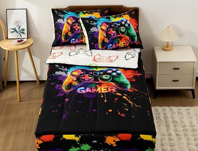 Meeting Story 3pcs Kids Comforter Set Twin Zip up Bedding Set for Boys,Kid Bedding Set Game Print Comforter Set for Kid,All in one Zipper Bedding（Darkblack,Twin）