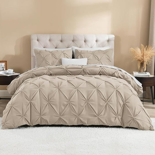 Litanika Khaki Pinch Pleat Duvet Cover Queen(90x90Inch), 3 Pieces(1 Duvet Cover, 2 Pillowcases) Luxurious Pintuck Bedding Set, Soft Microfiber Duvet Cover with Zipper Closure & Corner Ties