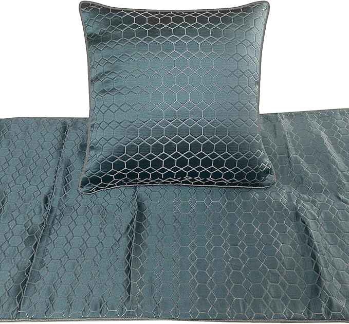 The HomeCentric King Queen Twin Blue Decorative CA King 86"x18" Bed Runner with 2 Pillow Cover, Hexagon Pattern Bed Scarf on Jacquard Fabric - Hexagon Lagoon