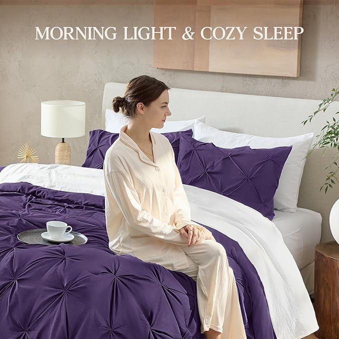 Andency Purple Comforter Full(79x90Inch), 3 Pieces(1 Pintuck Comforter and 2 Pillowcases) Microfiber Pinch Pleat Comforter Set Twin Size, Lightweight and Soft Bedding Comforter Set