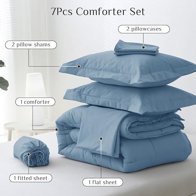 JOLLYVOGUE Queen Comforter Set, Ultra-Soft Bed in a Bag Queen Size 7 Pieces, Oeko-TEX Certified Bedding Set with Down Alternative Comforter, Sheets, Pillowcases & Shams, Dusty Blue