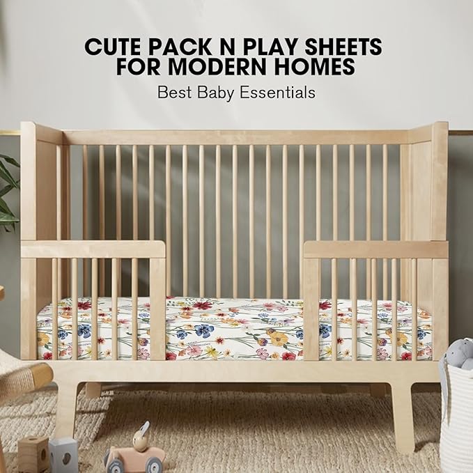 Little Grape Land Pack and Play Sheets Mini Crib Sheets Soft Breathable Pack N Play Sheets, Playard Fitted Sheet 2 Pack Stretchy Fits 38"x26" Playard Mattress, Spring Flower