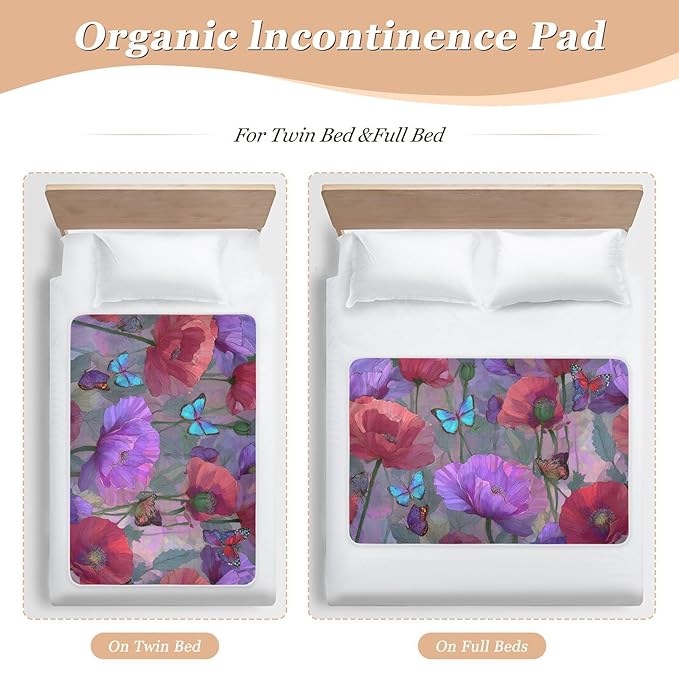 Waterproof Bed Pad Reusable Changing Pad Toddler Mattress Protector Large Pee Pad Baby Diaper Pad Soft Washable Liner Purple Red Poppy Butterfly