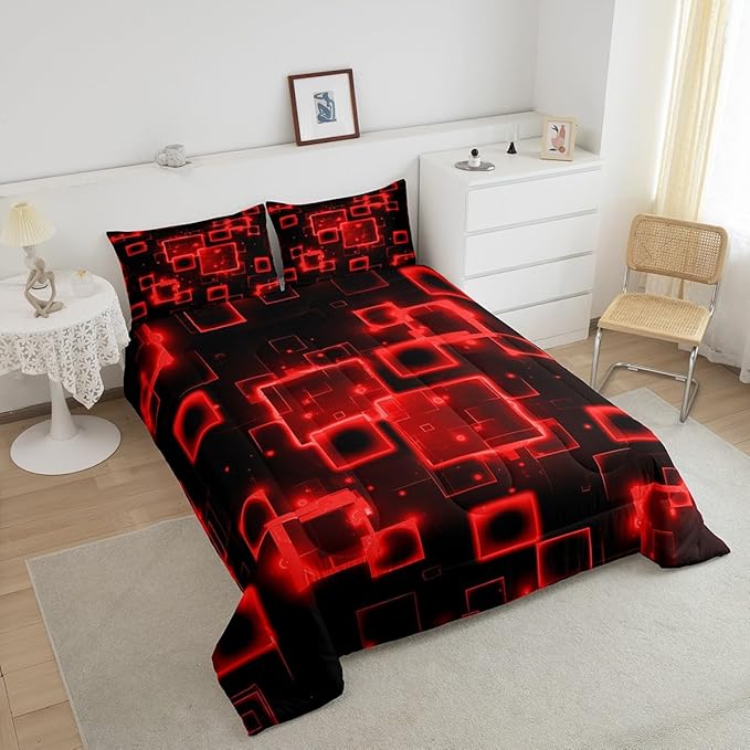Feelyou Queen Size Red Black Bedding Set Light Honeycomb Comforter Set Abstract Geometric Comforter for Kids Boys Girls Geometrics Duvet Insert Kids Bedroom Decor 3Pcs