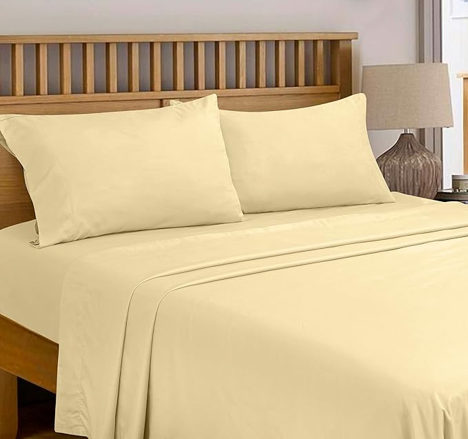 Royale Linens 300 Thread Count 100% Long Staple Combed Cotton Flat Sheet - Super Soft - Top Sheets - Full Flat Sheet Sold Separately - Breathable, Cool & Crisp Percale Sheets Only (Full, Light Yellow)