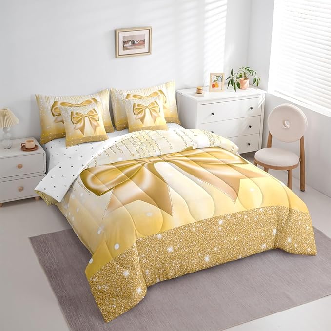 Feelyou Bowknot Comforter Set with Sheets 7 Piece Full Size Dreamy Princess Bed in a Bag Kids Boys Girls Glitter Bedding Set Cute Bow Bedroom Decor Breathable Soft Lightweight Microfiber