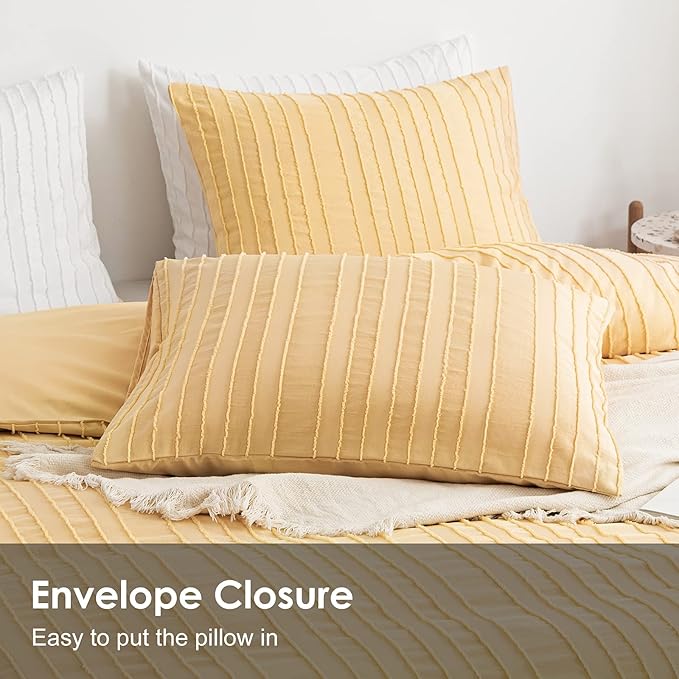 WARMDERN Yellow Boho Duvet Cover Set Queen Size, Striped Textured Duvet Cover Tufted Bedding Set, 3 Pcs Ultra Soft Washed Microfiber Duvet Cover with Zipper Closure (Queen, Yellow)