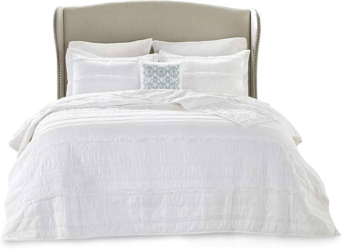 Madison Park Celeste Quilt Modern Classic Design All Season, Breathable Coverlet Lightweight Bedding Set, Matching Shams, Decorative Pillow, Full/Queen(90"x90"), Ruffle White 4 Piece