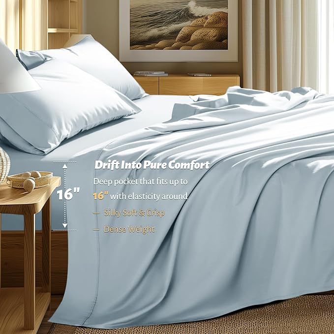Shilucheng 100% Egyptian Cotton Queen Size Sheets Set - 1000 Thread Count，Luxury Cotton Bed Sheets，Breathable & Cooling Bedding and Pillow Cases, 16 Inch Deep Pocket - 4 Piece(Light Blue,Queen)