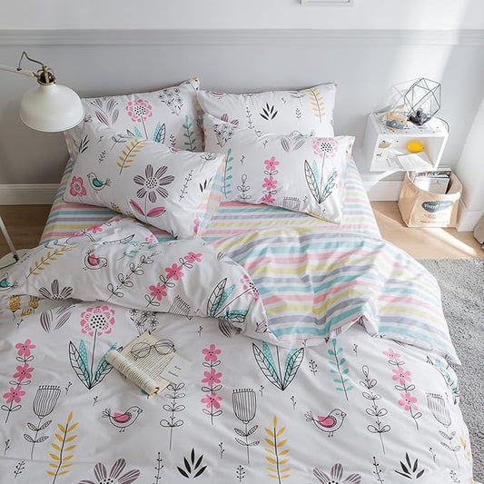 HighBuy Floral Printed Bedding Set Queen Duvet Cover Girls Cotton Comforter Cover Garden Aesthetic Reversible Striped Bedding Sets 3 Piece Queen Bed Boho Comforter Cover Duvet Cover Set