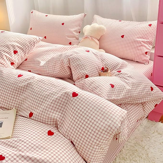 Nayoroom Gingham Duvet Cover Queen Size Pink Plaid Red Heart Printed on White Bedding Set 3 Pcs Kids Girls Cute Heart-Shaped Comforter Cover with Zipper Closure Soft Breathable Microfiber