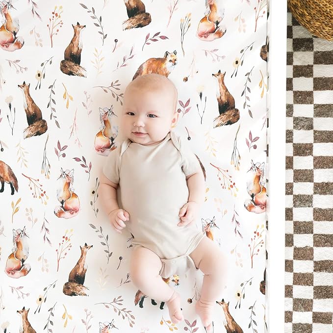 Stretch Ultra Soft Jersey Knit Fitted Crib Sheets Set 2 Pack，Fits All Standard Crib Mattress Pads Safe and Snug, Crib Fitted Sheet for Baby, Pretty Fox for Girls