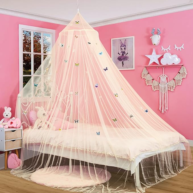 South to East Bed Canopy for Girls with Glowing Butterfly in The Dark, Beige Princess Bed Curtains for Girls, Kids Bed & Toddler Bed, Twin, Full & Queen, Mosquito Net Canopy for Bedroom