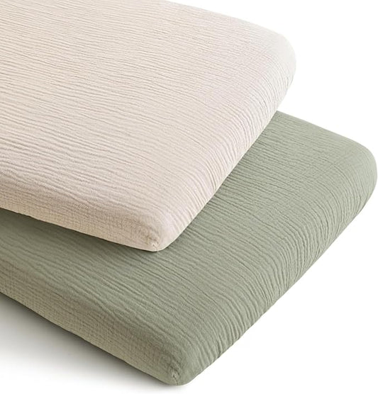 Konssy 2 Pack Muslin Bassinet Sheets for Boys, Girls, 100% Cotton Soft Breathable Fitted Bassinet Mattress Sheet, 33 x 21 inches (Fog Green,Cream)