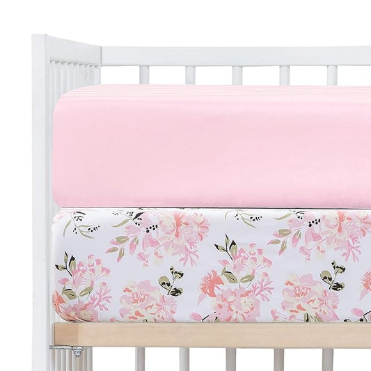 Crib Sheets Girl 2 Pack Set, 2 Pack Toddler Bed Sheets Set, Floral Print Fitted Crib Sheet for Standard Crib & Toddler Mattress, Size 28 x 52 inches, Pink N Floral