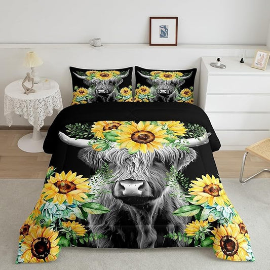 Feelyou Highland Cow Bedding Set Kids Sunflower Floral Western Cow Bull Comforter Set for Girls Teens Farmhouse Wildlife Animal Comforter Black Duvet Set Room Decor Quilt Set Toddler Size