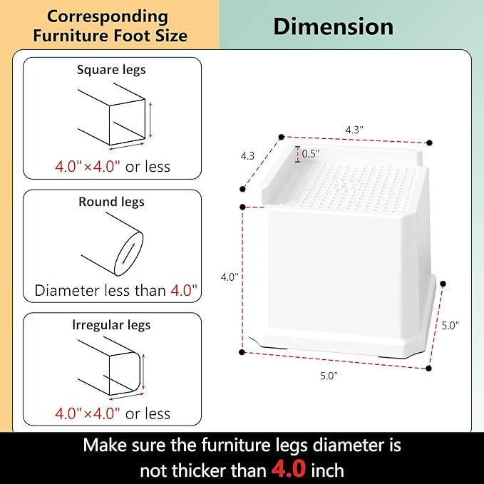 Bed Risers 4 Inch 8 Pack, Oversized L Shape Furniture Bed Lifts Risers 4 in Heavy Duty Wide Opening Elevators fits to Couch, Sofa, Bed Frame, White