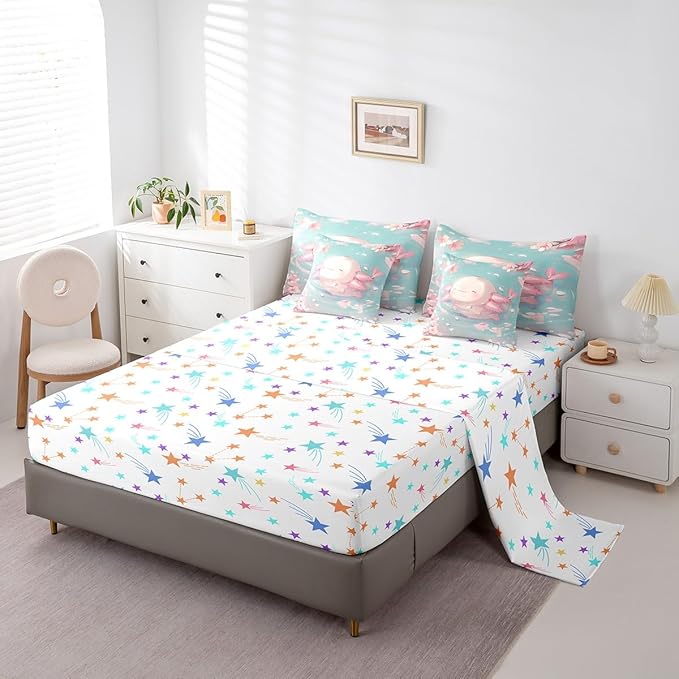 Feelyou Kids Cute Axolotl Comforter Set with Sheets Twin Size, Cartoon Salamander 7 Pieces Bedding Set Boys Girls Kawaii Ocean Sealife Bed in A Bag Cherry Blossoms Teens Bed Set Bedroom Decor 7Pcs