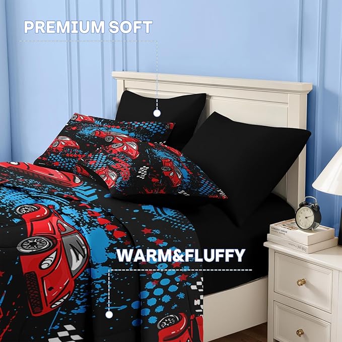 Nesker 7 Pcs Comforter Set Full Size, Red Black Sports Car Bedding for Kids Teen, Auto Race with Fitted Sheet 2 Pillowcases & 2 Shams for Bedroom Bed Decor
