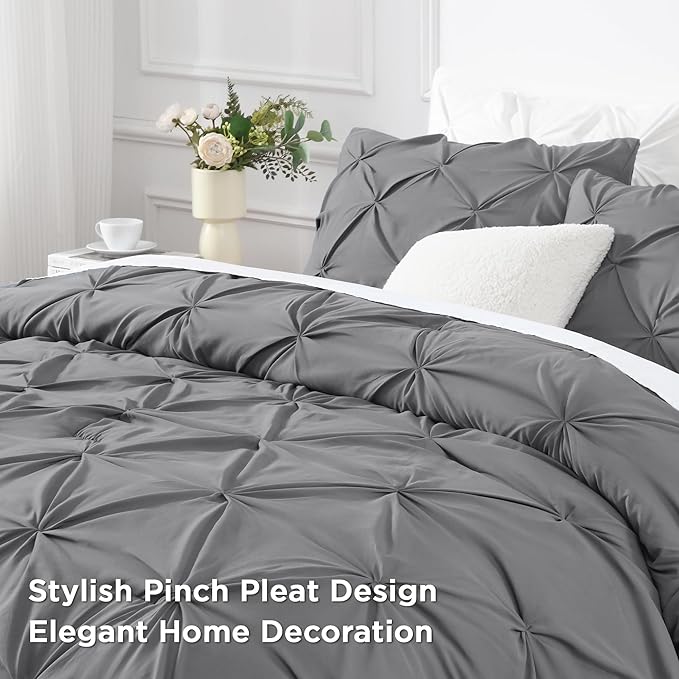 Andency California King Comforter Set Medium Gray (104x96Inch), Pinch Pleat Cal King Comforter Set 3 Pieces, Oversized King Pintuck Bed Comforter, Microfiber Down Alternative Comforter Bedding Set