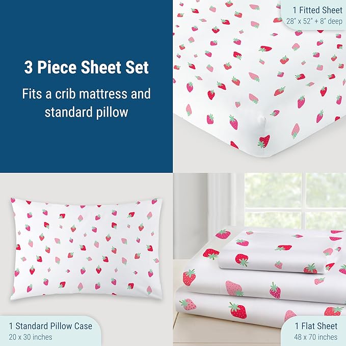 Wildkin 100% Cotton Toddler Sheet Set – Soft & Cozy Bed Sheets - Strawberry Patch