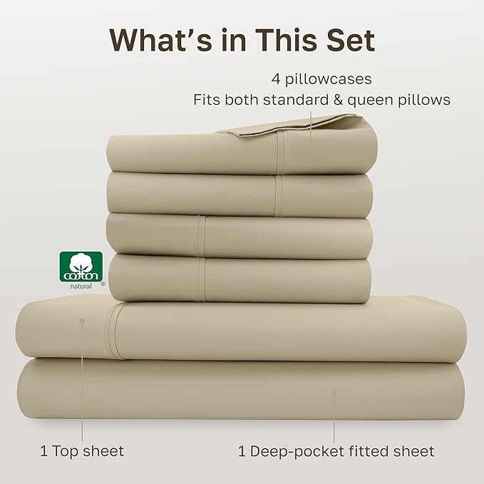 California Design Den 6 Piece Queen Sheet Set with 4 Pillowcases - Soft 400 Thread Count Sateen, 100% Cotton Sheets Queen Size Bed Set with Deep Pockets, Durable Bedding - Beige (Golden Tone)