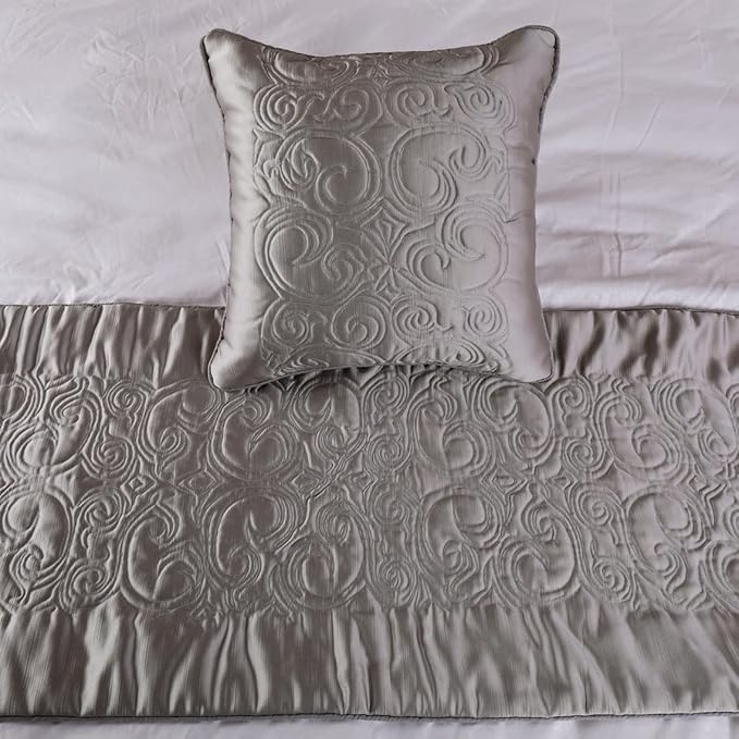 The HomeCentric Handmade Silver CA King 86 x 18 inch Bed Runner Without Pillow Cover, Satin Quilted Bed Scarf, Abstract Modern - Silver Soft
