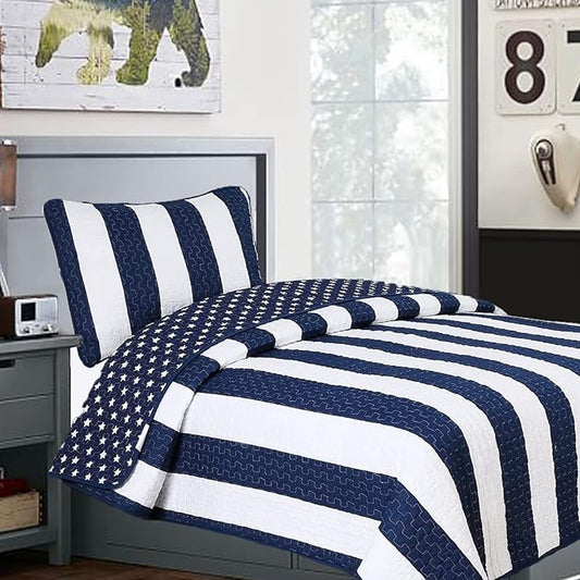 Cozy Line Home Fashions Sailor Popeye 's Bedding Quilt Set, Nautical Navy Blue White Star Striped 100% Cotton Reversible Coverlet Bedspread for Kids Boy (Sailor Star, Twin - 2 Piece)