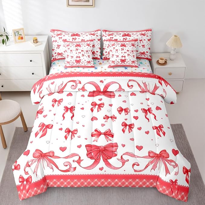 Feelyou Bowknot Comforter Set with Sheets 7 Piece Queen Size Dreamy Princess Bedding Set for Kids Boys Girls Cute Bow Bed in a Bag Love Hearts Room Decor Soft Lightweight Microfiber