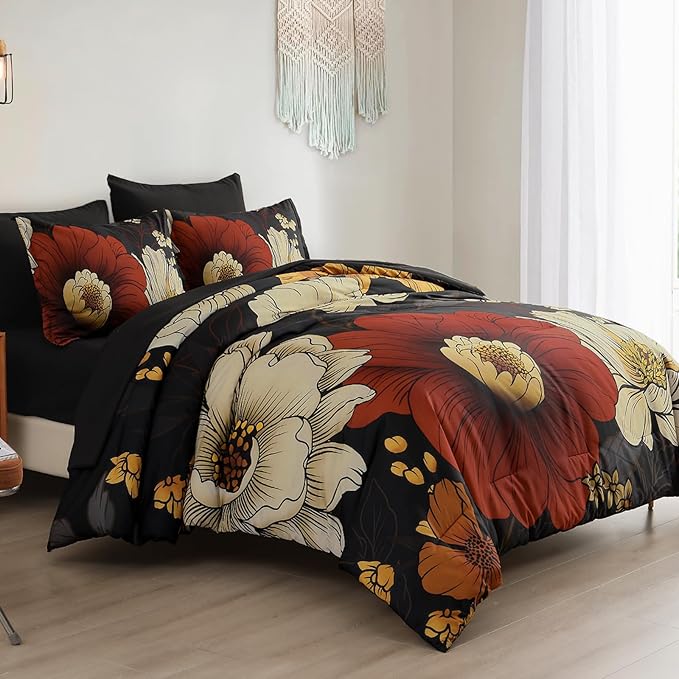 Xruibed Black Floral Comforter Set King Size 7 Pieces Bed in a Bag Flower Bedding Sets Lightweight Boho Bed Set with Sheet,Pillowcases&Shams for All Season