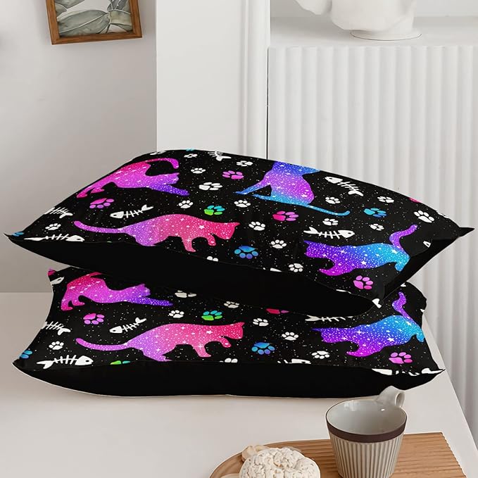 Cute Cat Comforter Kids Bedding Set Full,3Pcs Soft Paw Fish Bone Print Quilt Set Bed in A Bag with 1 Comforter 2 Pillowcases for Kids Boys Girls Teens Adults Room Decor All Season Gradient Blue