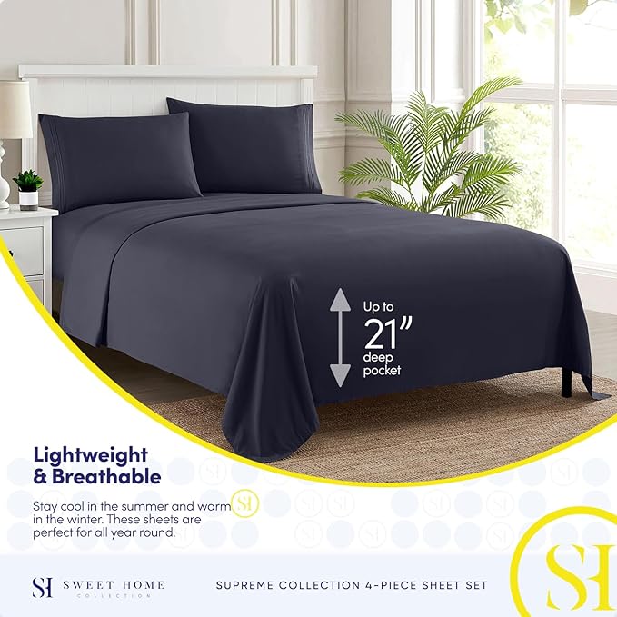 King Size Sheets - Breathable Luxury Bed Sheets with Full Elastic & Secure Corner Straps Built In - 1800 Supreme Collection Extra Soft Deep Pocket Bedding, Sheet Set, EXTRA DEEP pocket - King, Navy
