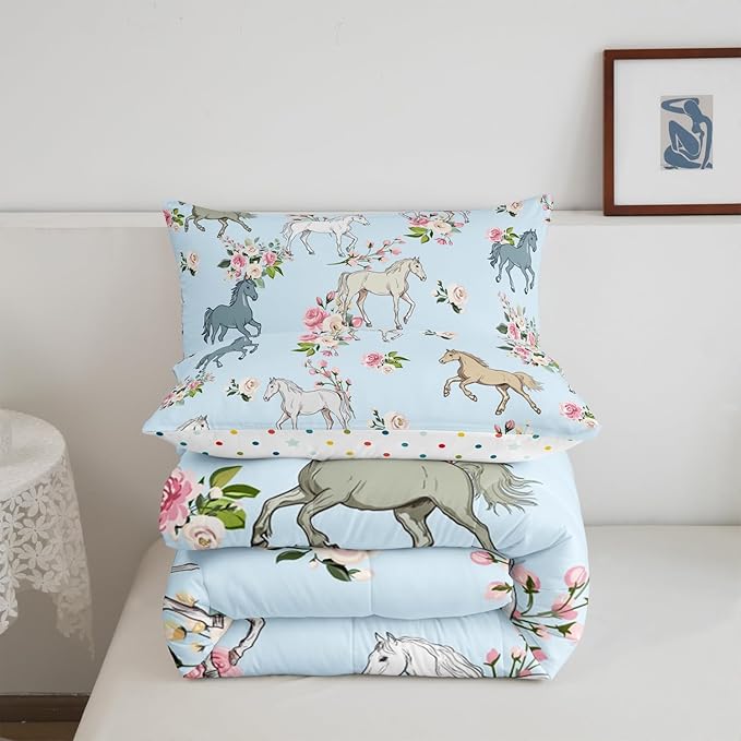 Horse Quilt Queen Size, Farmhouse Western Cowboy Cowgirls Duvet Insert for Kids Boys Girls Teens, Cartoon Kawaii Horse Bedding Set, Rustic Rose Floral Comforter Set + 2 Pillow Cases