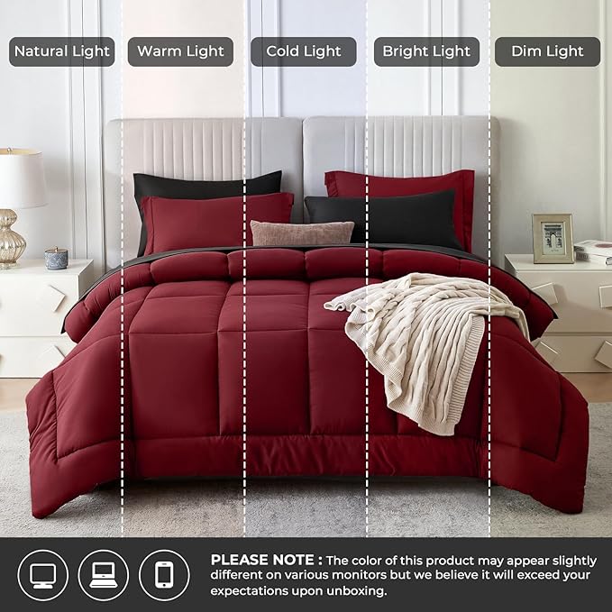 Sasttie Red & Black Queen Comforter Set, 7 Pieces Bed in a Bag Queen, Complete Bedding Set Includes Comforter, Flat Sheet, Fitted Sheet, Pillowcases and Pillow Shams, Burgundy