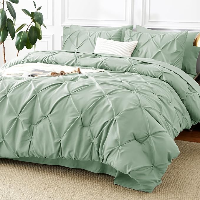 Queen Comforter Set Sage Green, 7 Pieces Pintuck Bed in A Bag Queen Size Bedding, Soft Bed Set All Season Pinch Pleat Comforter Set with Sheets, Pillowcases & Shams