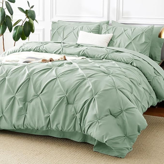 CozyLux Full Size Comforter Sets Sage Green, 7 Pieces Pintuck Bed in A Bag Green Comforter Full Size, Pinch Pleat Bedding Sets with All Season Comforter, Sheets, Pillowcases & Shams