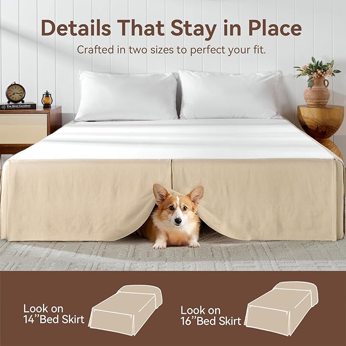 French Linen Bed Skirt 14" Tailored Drop Dust, Easy Fit Breathable Natural Flax Soft Cozy Farmhouse Bedding (14" California King, 72"×84")