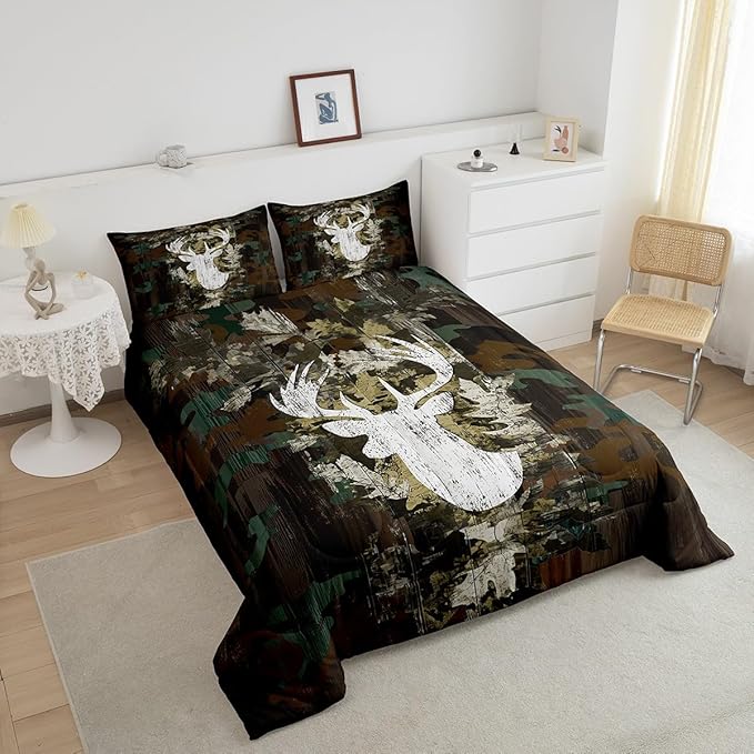 Feelyou Kids Camo Deer Bedding Set Full Size, Deer Hunting Comforter Set Green Camo Comforter for Boys Girls Antlers Duvet Insert Microfiber Bed Set