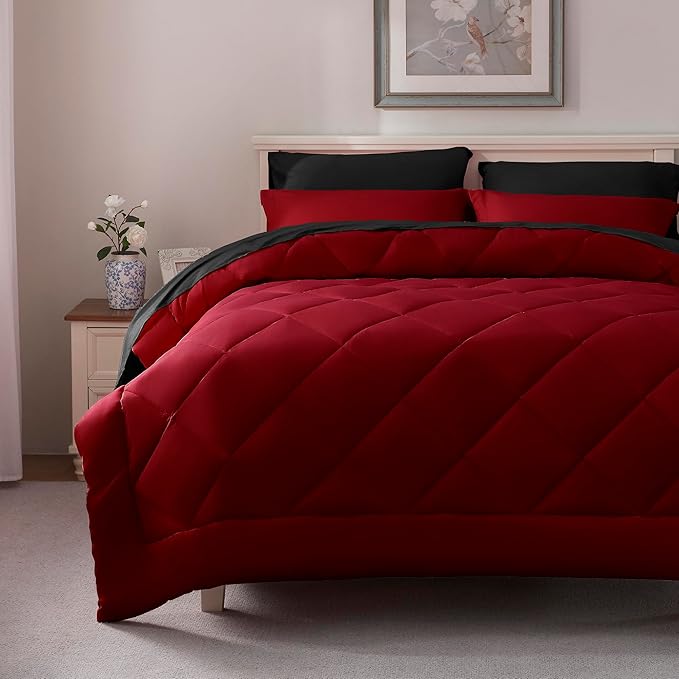 ELNIDO QUEEN® Full Size Bed in a Bag 7 Pieces - Red and Black Bed Comforter Set Full Size, All Season Bedding Sets with Reversible Comforter, Flat Sheet, Fitted Sheet, Pillowcases and Pillow Shams