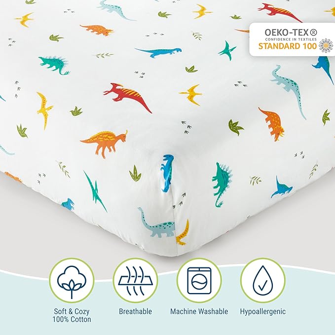 Wildkin 100% Cotton Toddler Sheet Set – Soft & Cozy Bed Sheets - Jurassic Dinosaurs