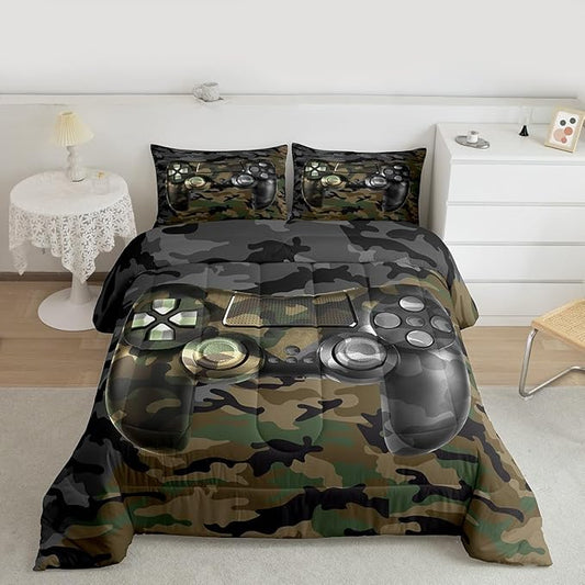 Feelyou Kids Gamer Comforter Set Camouflage Gaming Bedding Set for Boys Teens Bedroom Green Black Camo Video Game Decor Comforter Gamer Console Quilt Set Twin Size Duvet Quilted 2Pcs