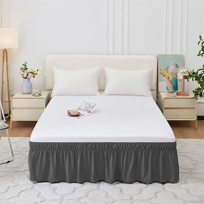 GIBZ Adjustable Wrap Around Ruffled Bed Skirt, Elastic Dust Ruffles Easy Fit Wrinkle & Fade Resistant, Machine Washable, Full 16" Drop, Dark Grey
