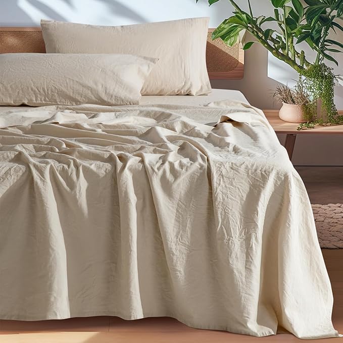 SONORO KATE 100% French Pure Linen Sheets, Breathable and Durable Linen Full Size Sheets, Anti-Tear Linen Bed Sheets, Machine Washable, 16 Inch Deep Pocket - 4 Piece (Natural Linen, Full)