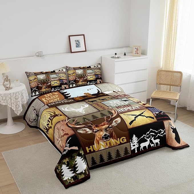 Feelyou Kids Hunting Bedding Set King Size, Deer Hunting Comforter Set Boys Girls Deer Antlers Comforter Hunting Gifts Duvet Insert Kids Room Decor with 2 Pillow Case