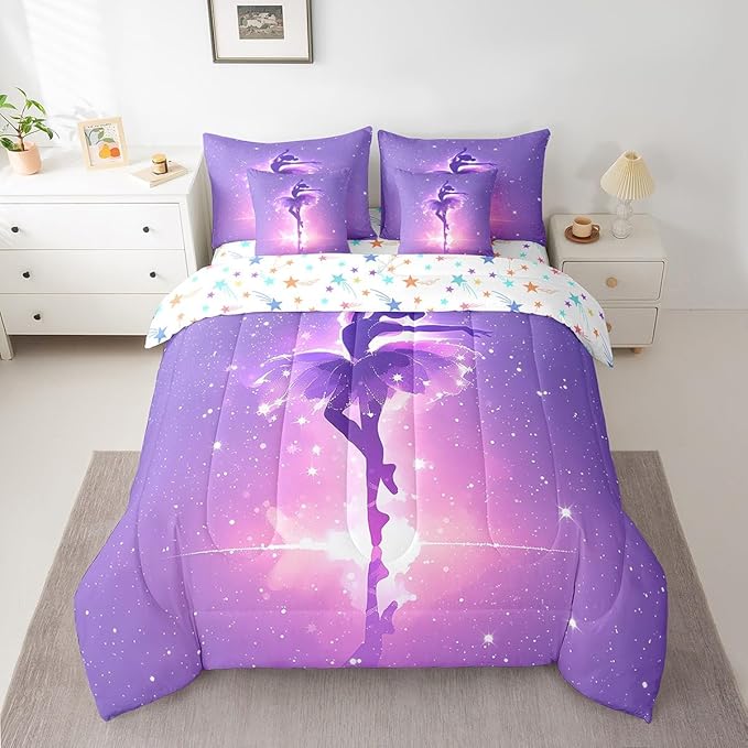 Feelyou Kids Ballet Dancer Bed in A Bag King Size, Ballerina 7 Pieces Bedding Set Boys Girls Dreamy Princess Comforter Set with Sheets Dancing Teens Bed Set Bedroom Decor 7Pcs
