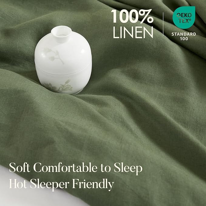 DAPU 100% Linen Olive Green Duvet Cover Set, Pure Natural French Flax Linen with Corner Ties and Zipper Closure Soft Breathable Durable for Hot Sleepers 1 Duvet Cover 2 Pillowcases (Queen)