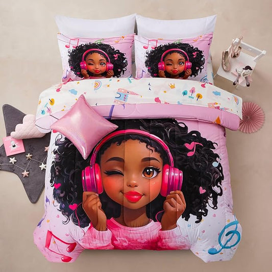 A Nice Night Pink Comforter Sets, Girl Winking Listening Music Printed, 6Pcs Bed in A Bag Queen Size All Seasons Bedding Set,for Kids, Girls