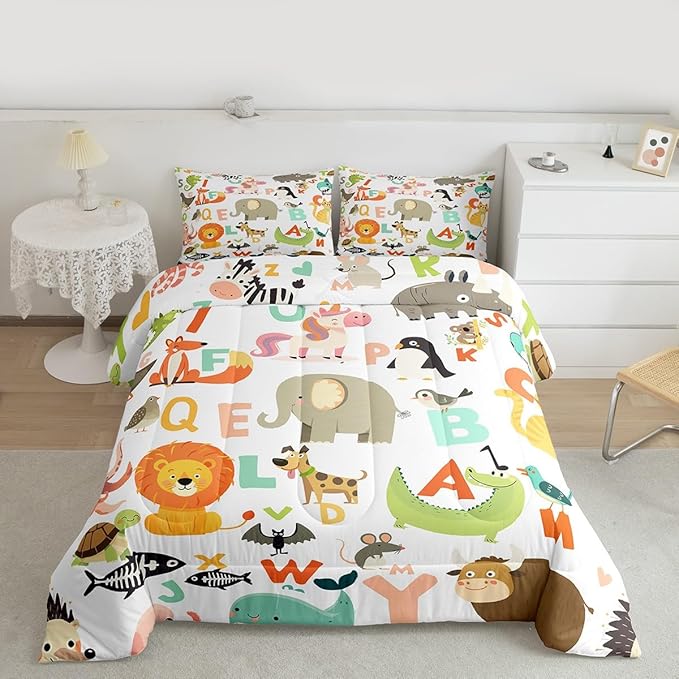Feelyou Kids Cartoon Wild Animals Bedding Set for Girls Boys Nursery Letter Comforter DecorWildlife Decor Comforter Set Nature Vibrant Colorful Duvet Set Twin Size Quilt Boys