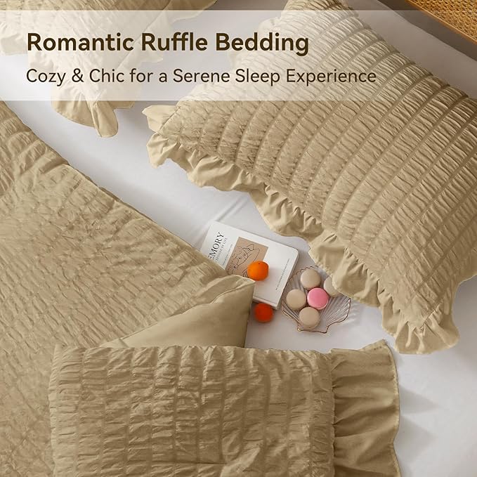 JOLLYVOGUE King Size Comforter Set, 3 Pieces Light Coffee Seersucker Comforters King Size, Lightweight & Fluffy Bedding Sets King for All Season with 1 Ruffle Comforter and 2 Ruffle Pillowshams