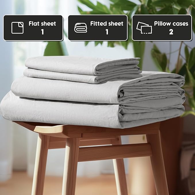 SONORO KATE 100% French Pure Linen Sheets, Breathable and Durable Linen Full Size Sheets, Anti-Tear Linen Bed Sheets, Machine Washable, 16 Inch Deep Pocket - 4 Piece (Grey, Full)